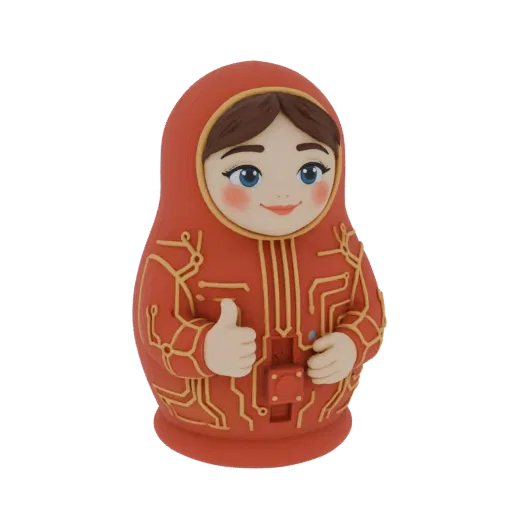 3D model of a futuristic Matryoshka doll with red clothing and gold circuit board patterns, giving a thumbs-up.