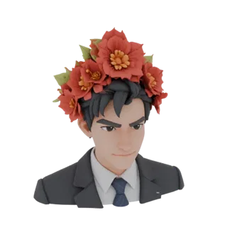 3D-Modell eines Mannes im Business-Anzug mit einem Kranz aus roten Blumen auf dem Kopf