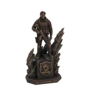 3D model of a bronze soldier statue standing on a base with a military emblem, holding a rifle.