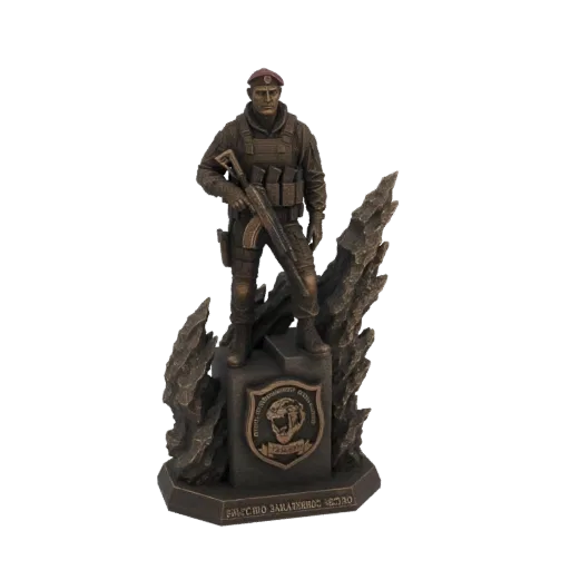 3D model of a bronze soldier statue standing on a base with a military emblem, holding a rifle.
