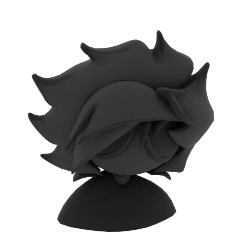 Uma renderização 3D de um penteado preto estilizado estilo anime, com pontas afiadas e fluidas e uma cor escura e uniforme.
