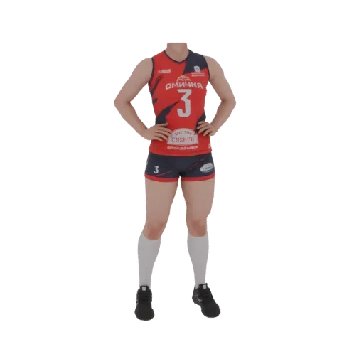 3D model of a volleyball player's red and blue uniform with the number 3