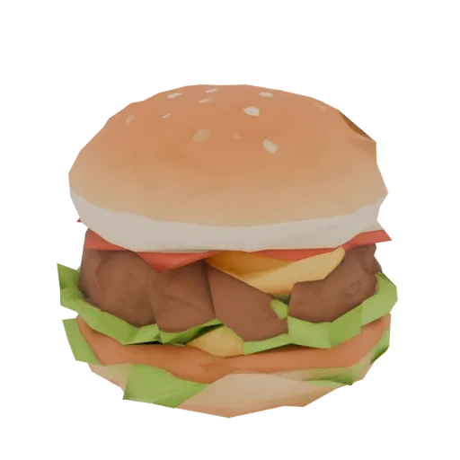 Minimalist Low Poly burger 3D model, with simple geometry and bright colors, on a white background.