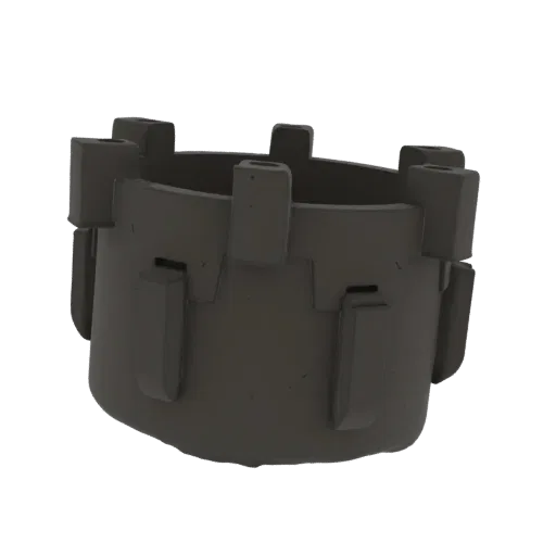 3D-Modell einer dunkelgrauen Burgturmspitze mit Zinnen und zylindrischem Sockel, isoliert auf weißem Hintergrund.