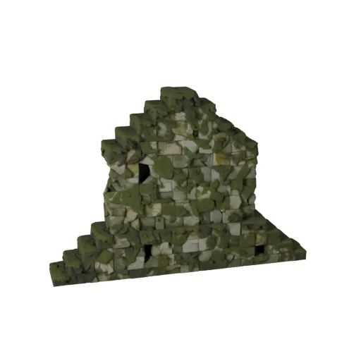 Moss Covered Ruin Wall Low Poly 3D model, game viewport three-quarter view, showing aged stone, built remnants.