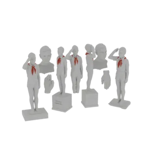 Una representación 3D de un conjunto de estatuas blancas de jóvenes pioneros uniformados, saludando, con pañuelos rojos.