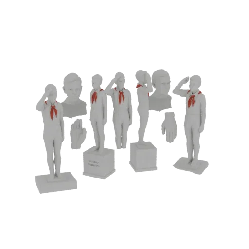 Una representación 3D de un conjunto de estatuas blancas de jóvenes pioneros uniformados, saludando, con pañuelos rojos.