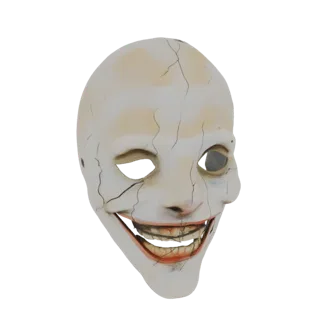 Modelo 3D de uma máscara de porcelana rachada com um sorriso amplo e perturbador e órbitas oculares vazias, renderizado sobre