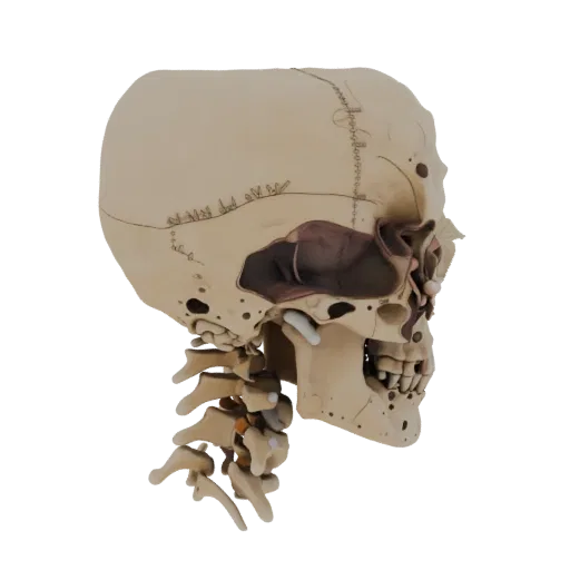 Spine Skull High Poly 3D model, close-up studio render, showing bone surfaces, skeletal landmarks.