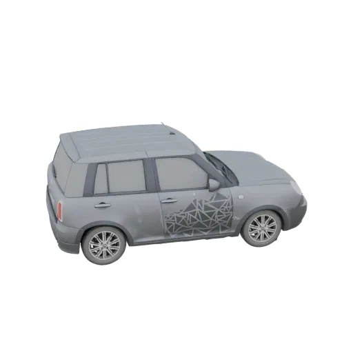 Modelo 3D de un SUV gris con calcomanía de patrón geométrico en el lateral, visto desde un ángulo de tres cuartos.