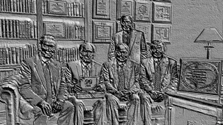 Барельеф с группой мужчин в костюмах на фоне книжных полок
