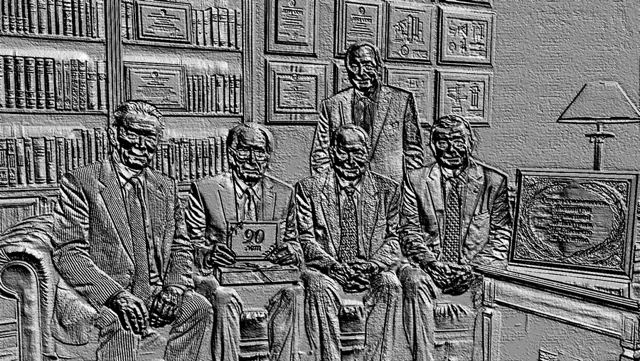 Барельеф с группой мужчин в костюмах на фоне книжных полок