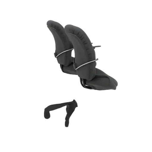 3D model of two dark gray ergonomic office chair headrests with silver straps, and a separate mounting bracket below.
