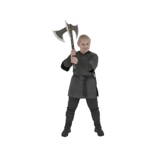 3D model of a young Viking warrior in chainmail, holding a double-headed axe, with a determined expression.