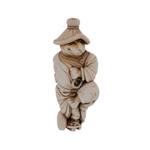 3D-Modell einer geschnitzten Rattenfigur als Mönch verkleidet, mit Strohhut und Gebetsperlen.