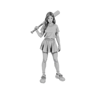 Renderização de modelo 3D de uma jovem com cabelo comprido, vestindo camiseta e saia, segurando um taco de beisebol sobre o o