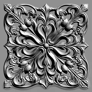 Modello 3D di bassorilievo con un elegante ornamento floreale che include foglie e boccioli, in colore argentato.