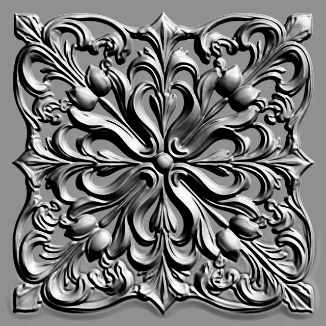 Modelo 3D de bajorrelieve con un elegante ornamento floral que incluye hojas y capullos, en color plateado.