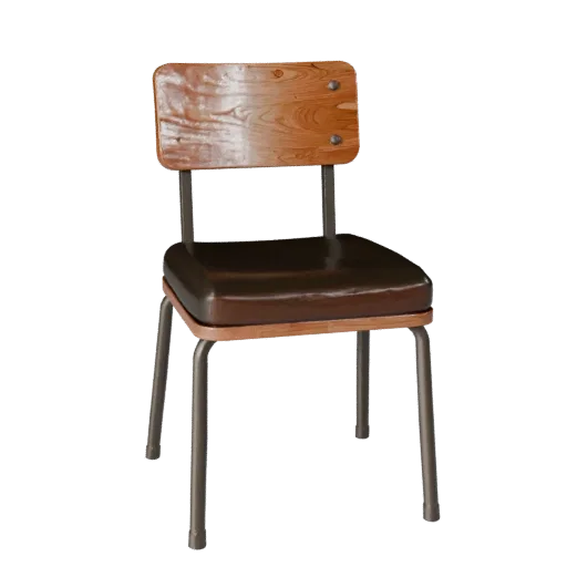 Industrial Dining Chair Product Viz 3D model, dining room, three-quarter studio product render, wood detail.