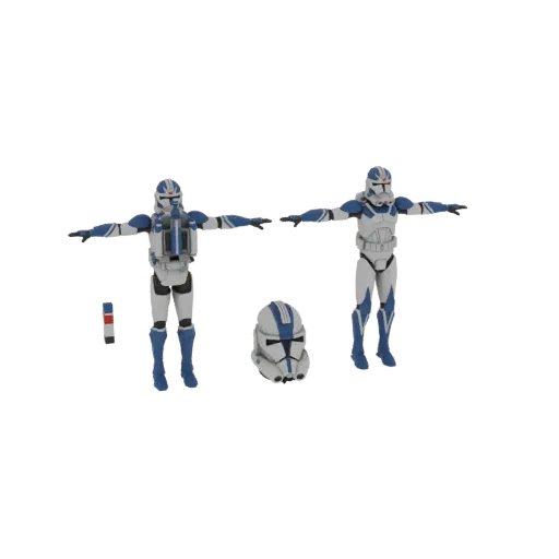Modelo 3D del Comandante Cody de Star Wars, mostrado en pose T con casco accesorio separado.