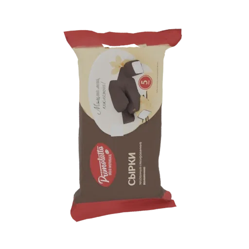 3D model of Primolatto chocolate glazed curd bars in their packaging, showing rich chocolate coating and creamy filling.