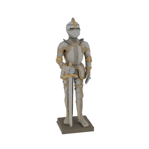 3D model of a knight in detailed full plate armor, holding a sword, standing on a base.