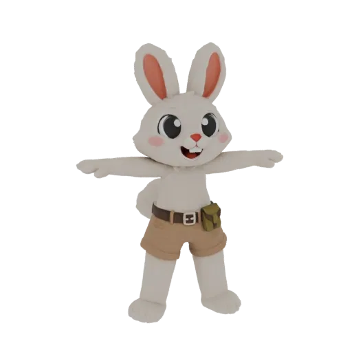 3D model of a white bunny character wearing explorer shorts and a belt, with arms outstretched.