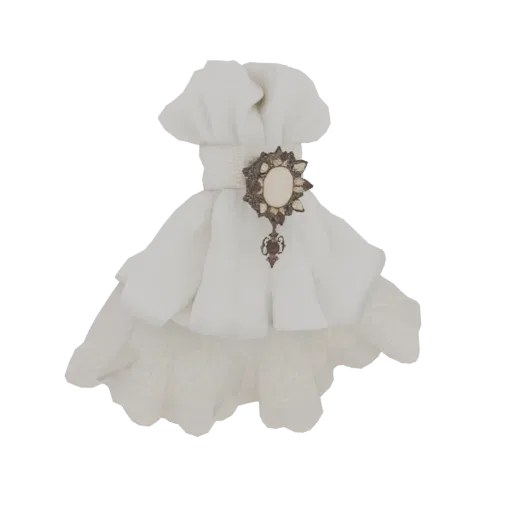 3D model of a white lace dress napkin holder with a decorative brooch, showcasing ruffled layers and intricate lace patterns.