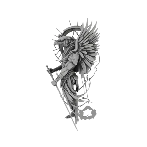 Modello 3D dio egizio Ra con testa di falco, armatura ornata e spada, con disco solare dietro la testa.