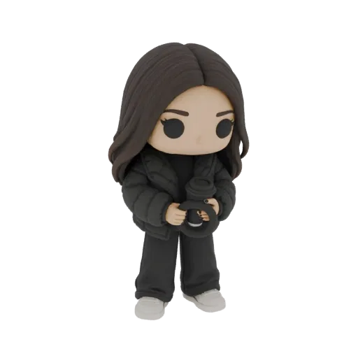 3D model of a chibi girl with dark hair, wearing a black puffer jacket and pants, holding a coffee cup and a steering wheel.