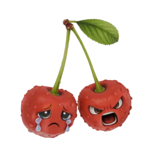 Modelo 3D de dos cerezas con caras: una llorando con lágrimas, la otra con expresión de enfado.