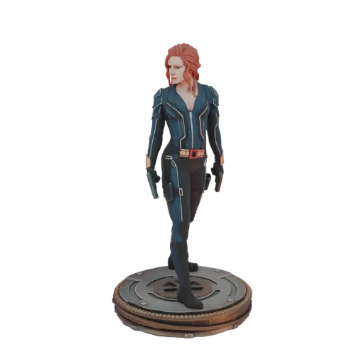 3D model of Black Widow in a black tactical suit, holding two pistols, standing on a circular base.