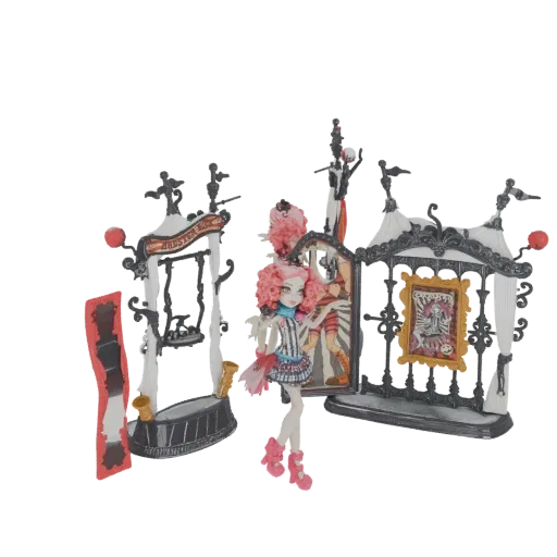 3D model of Monster High Frankie Stein doll with a circus-themed playset, featuring arches, a tent, and a framed picture.