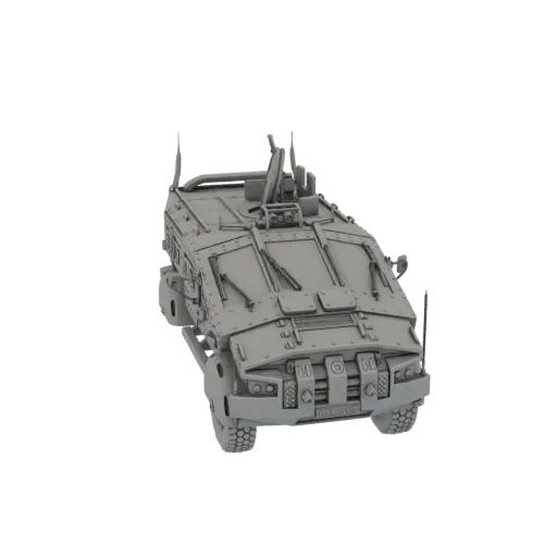3D model render of a modern gray armored personnel carrier viewed from the front-right.