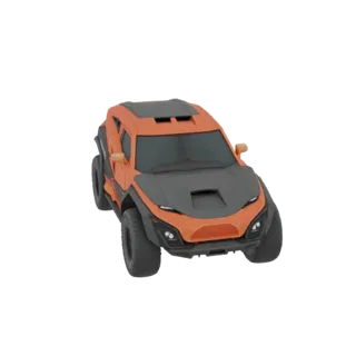 3D-Modell eines aggressiven orange-schwarzen Offroad-SUVs mit großen Reifen und einem markanten Lufteinlass auf der Motorhaub