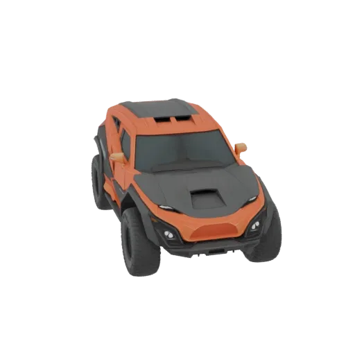 3D model of an aggressive orange and black off-road SUV with large tires and a prominent hood scoop, viewed from a three-quar