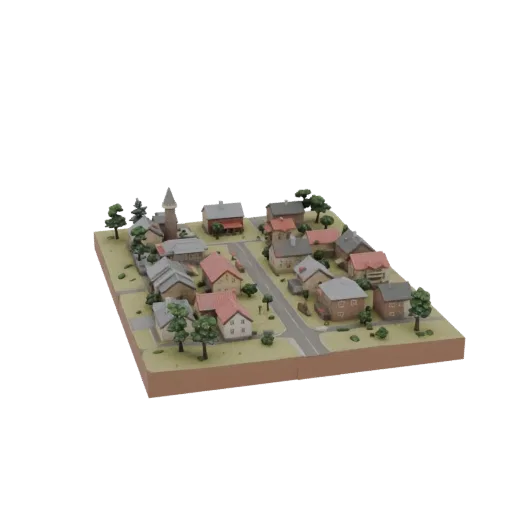 Tatarsk village 3D model with houses, church, and trees, top-down angled view