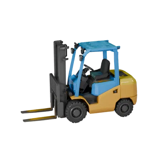 Roadwork Forklift Low Poly 3D model, game viewport three-quarter view, showing painted steel, form detail.