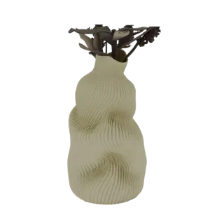 A 3D render of a beige vase with a wavy, organic texture, holding a bouquet of dried flowers.