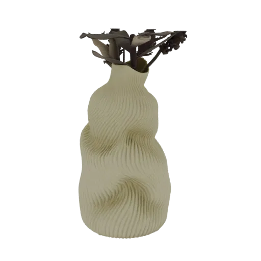 A 3D render of a beige vase with a wavy, organic texture, holding a bouquet of dried flowers.