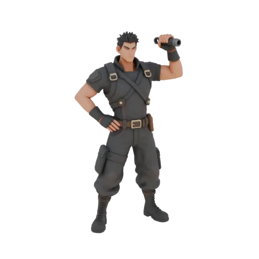 Modelo 3D de personaje masculino con uniforme negro, en pose dinámica con mano en la cintura.