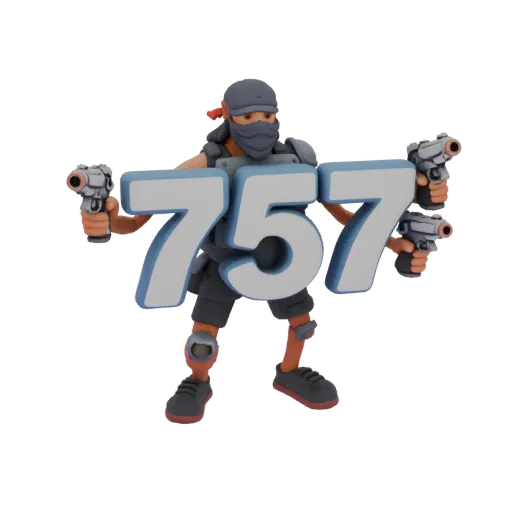 3D model of character number "757" in cyberpunk style, armed with pistols, with a bandana and miniature limbs.