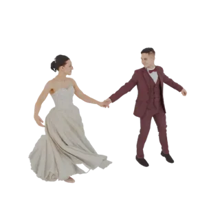 Modello 3D di una sposa in abito bianco e uno sposo in abito bordeaux che danzano insieme, tenendosi per mano.