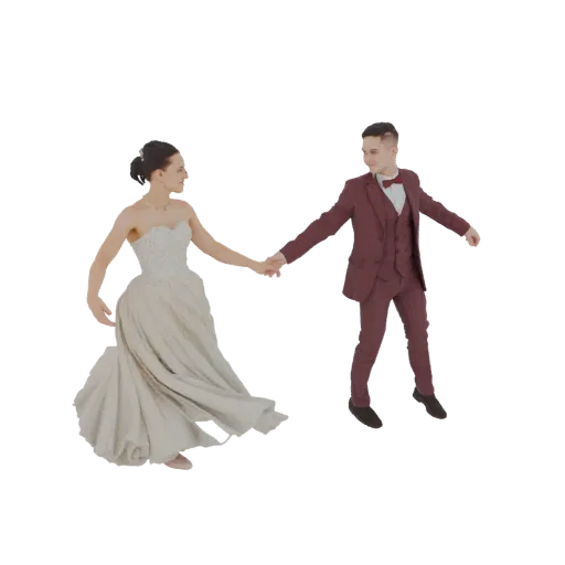 Modèle 3D d'une mariée en robe blanche et d'un marié en costume bordeaux dansant ensemble, se tenant la main.