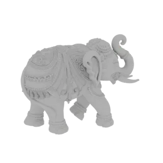 Modello 3D di una statua di elefante grigio, ornato con intagli intricati e motivi decorativi, mostrato in una posa camminant
