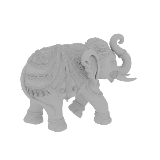 Modèle 3D d'une statue d'éléphant grise et ornée avec des sculptures complexes et des motifs décoratifs, présentée dans une p
