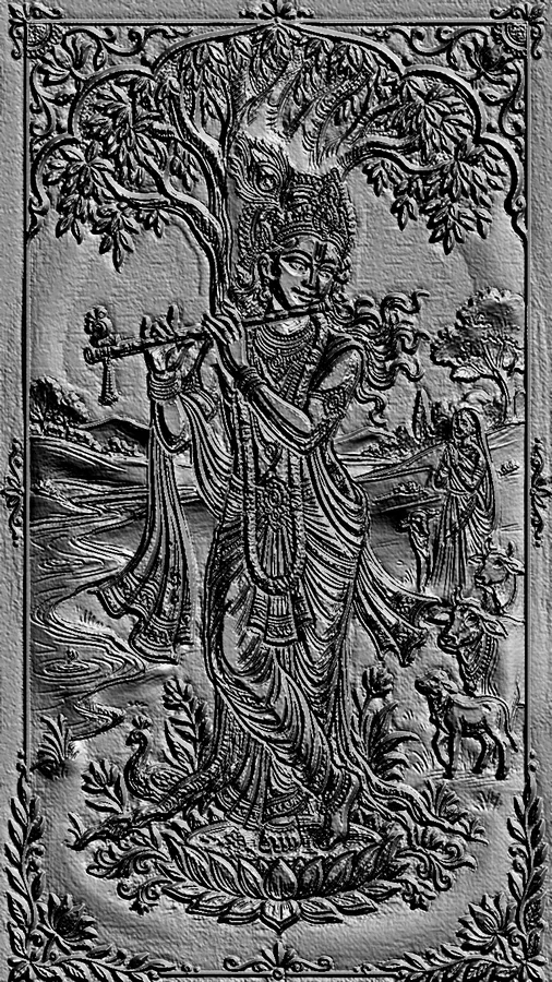 Modèle 3D de bas-relief de Krishna jouant de la flûte sous un arbre, avec un paon et des vaches en arrière-plan.