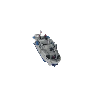 3D model of a white and blue passenger boat with a flag on the deck, viewed from a slightly elevated angle.
