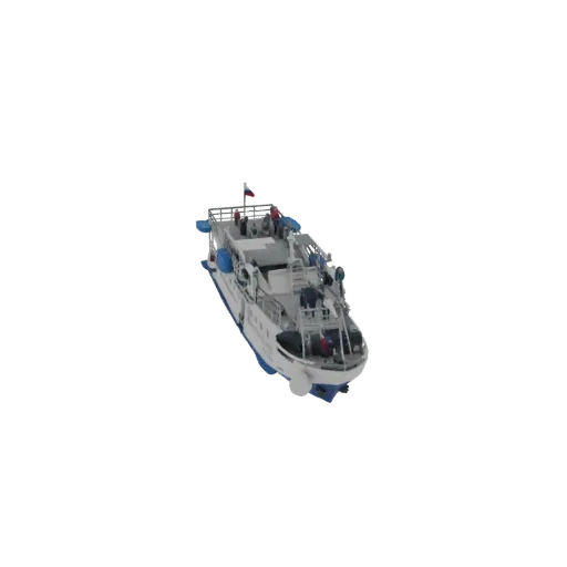 3D model of a white and blue passenger boat with a flag on the deck, viewed from a slightly elevated angle.