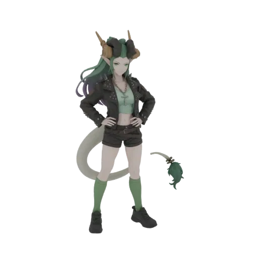 3D model of a punk tiefling character with green hair, horns, leather jacket, and shorts, standing confidently.